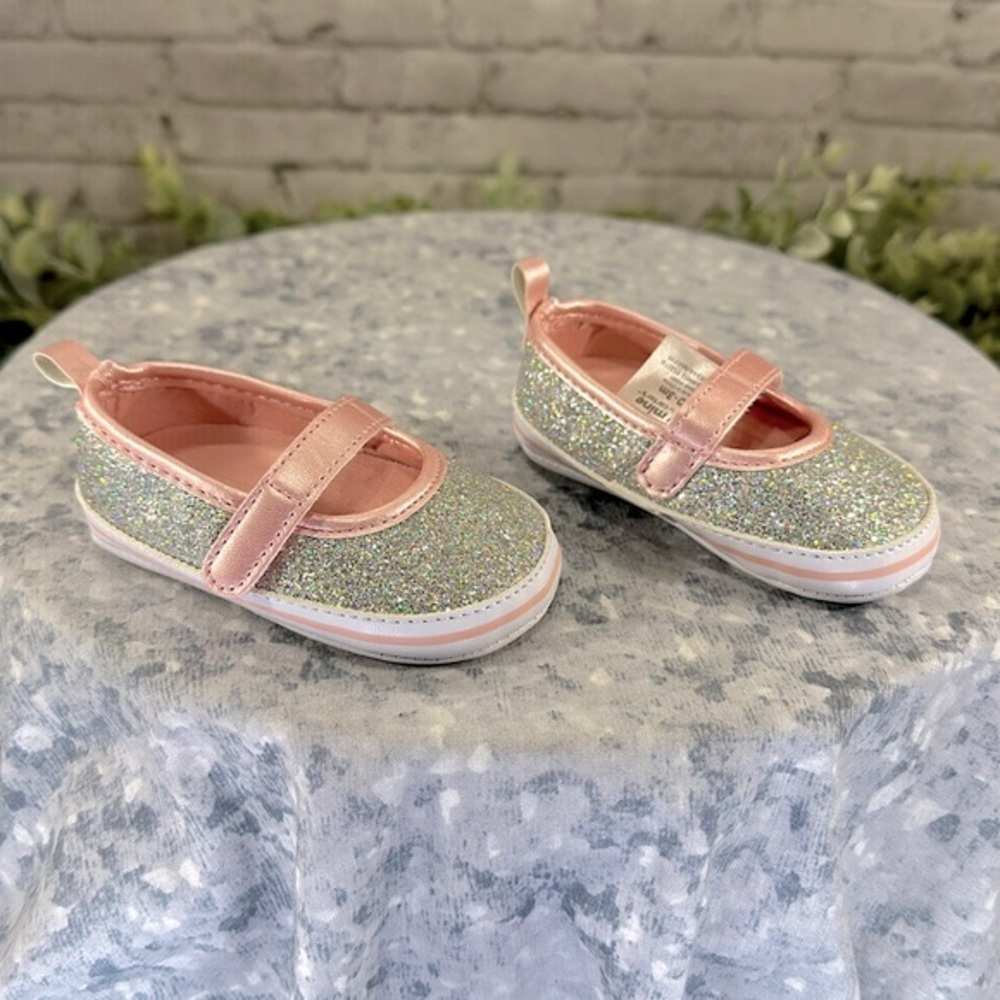Carter’s Pink & Silver Glitter Mary Jane Comfy Flats Baby Girl 0-3 months✨NWOT✨